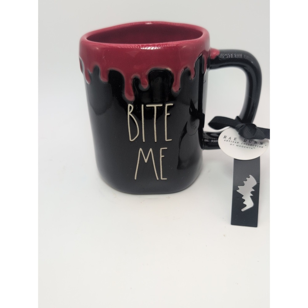Rae Dunn Halloween BITE ME Black Dripping Red 18 oz Mug *Read NWT
